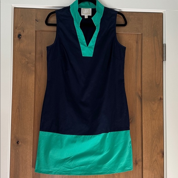 Sail To Sable Color Block Preppy Shift Dress Womens M collared Cotton blue/Green - Picture 1 of 10